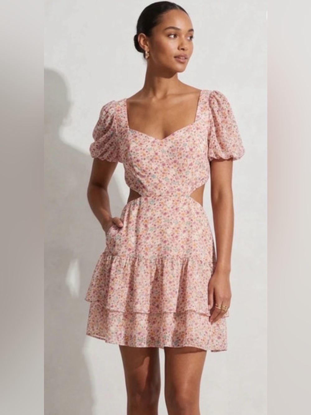 Emerald Sundae Pink Floral Cutout Tiered Mini Dress
